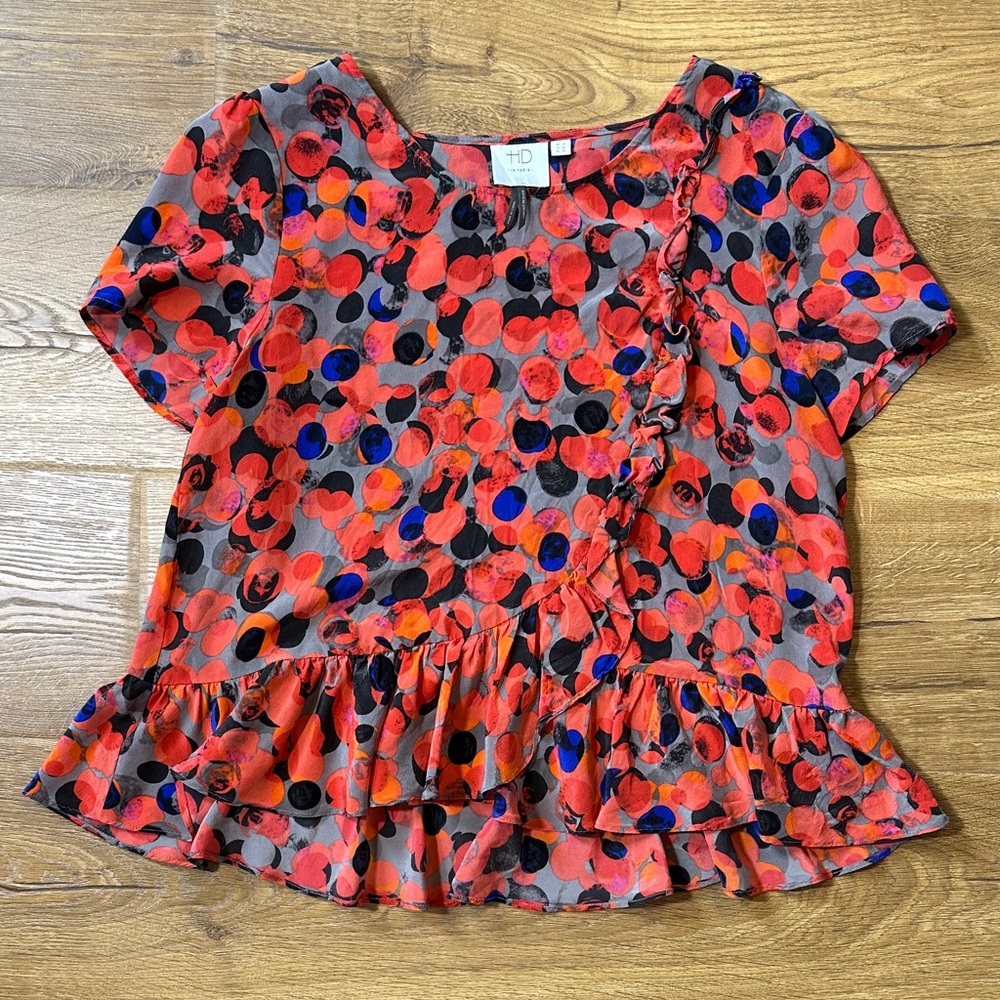 Anthropologie HD in Paris 100% Silk Colorful Dot Ruffle Blouse Size 6